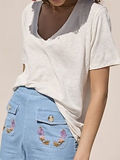 cheap Shirts-Women&#039;s Linen Shirt Blouse Plain Casual Short Sleeve V Neck Regular Tops Holiday Going out White Brown Summer