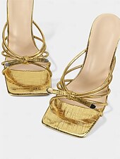 ieftine Sandale cu toc-salopete de damă cu toc cu fundă cu bretele aurii – sandale de bal de absolvire cu vârf deschis pentru serile elegante și look-uri de banchet