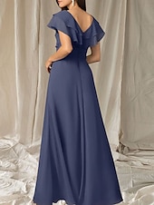 abordables Robes pour invitées de mariage-Robes de fête pour invité de mariage A-Line robe élégante longueur de sol à manches courtes décolletée en V en chiffon avec plis et volants