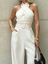 cheap Sets-Women&#039;s Normal Two Piece Sets Streetwear Solid Color Sleeveless Straight Halter Neck Pocket Street Daily Regular Fit White Summer