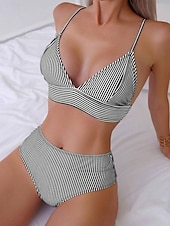 billiga Bikiniset-Kvinnors baddräkter bikini 2-delad tärnande baddräkt rygglös semester strandkläder randig V-hals ärmlös baddräkter
