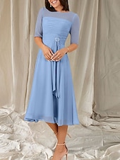abordables Longueur du thé-Robe Mère de la Mariée A-Line Invité de Mariage Élégante Col Ras du Cou Longueur Thé Chiffon Manches Mi-longues avec Sash  Ruban Robe Midi Froncée