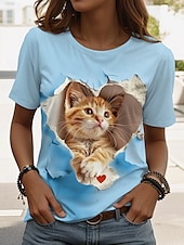billige Dyrene tee-Dame T skjorte Grafisk Katt Stilfull Klassisk Fritid Kortermet Crew-hals Vanlige topper Daglig Helg Trykt mønster Hvit Rosa Blå Sommer Vår