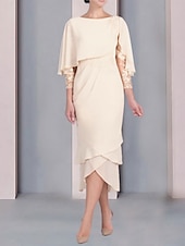 economico Lunghezza del tè-Abito a tubino da spiaggia per la madre della sposa abito per invitata elegante petite scollo rotondo lunghezza tè in chiffon maniche a 3/4 con applicazioni in pizzo taglia personalizzata gratuita