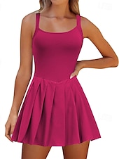 cheap Women&#039;s Tennis Dress-US Open Women&#039;s Tennis Dress with Shorts Sports Dress Sleeveless Pleated Breathable Tennis Golf Pickleball Square Neck Solid Colored Dress Black Blue Dark Green Tennis Clothing