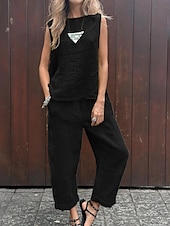 abordables Ensembles chemisiers pour femmes-Femmes Actif Chemisier Ensembles de Pantalons Sans manches Col ras du cou Couleur Unie Fête Week-end Noir Jaune Bleu Été Coupe régulière