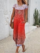 preiswerte Boho Kleid-Damen Midikleid T-Shirt-Kleid Sommerkleid Urlaub Boho Strand Täglich Normale Passform Grafik Stammes Abstrakt Kurzarm Rundhalsausschnitt Königliches Blau Blau Purpur Orange Sommer