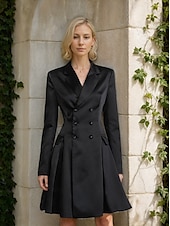 abordables Longitud del té-Vestido de la Madre de la Novia A-Line Vestido Tuxedo Vestido de Invitada de Boda Elegante Simple Lujoso Blazer Cuello con Solapas Largo hasta la Rodilla Satén Manga Larga con Pliegues y Bolsillos