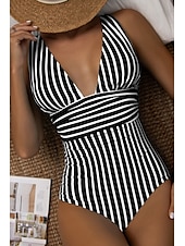 abordables Maillots de bain une pièce-Femmes Maillots de Bain Une Pièce Maillot de bain Dos nu Tropical Tenues de plage Rayé Fil en V Sans manches Maillots de bain