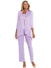 economico Tailleur pantalone della mamma-Completo pantalone 3 pezzi per la madre della sposa, elegante, con scollo rotondo, lunghezza pavimento, in chiffon, maniche lunghe, con volant a cascata in pizzo, arricciato, 2025