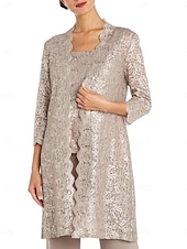 baratos Terninhos de calça da mamãe-Macacão Vestido Para Mãe dos Noivos Convidado do casamento Igreja Elegante Vintage Gola Redonda Longo Chiffon Renda Manga Longa com Lantejoulas Bordado 2025