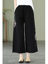 economico Pantaloni in lino e cotone semplici-Per donna Pantaloni in cotone e lino Moda Streetwear Lunghezza intera Naturale Floreale Ricamato Tasca Elastico in vita Comodo All&#039;aperto Confortevole All&#039;aperto Vacanza Ferie Aalbicocca Blu cielo