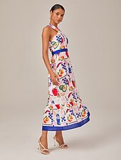 levne Květinové šaty-Dámské Žena Volnočasové šaty Resort Wear Dlouhé šaty Maxi šaty Světlá růžová Bez rukávů Ovoce Vzadu do kříže Crossover Zadní zip Léto Krk ohlávky prázdniny umělecké XS S M