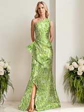 baratos VERDE-Vestido de Evening Sereia Jacquard Alta Fenda Vestido Derby Formal Convidada de Casamento Comprimento do Chão Sem Mangas Um Ombro Cinto  Faixa Cetim com Babados Fenda Vestido de Convidada de