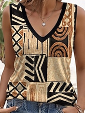 preiswerte Streifen- und geometrisches Tanktop-Damen Tanktop mit Spaghetti-Trägern Grafik Geometrisch Lässig Ärmellos V-Ausschnitt Reguläre Tops Print Braun Sommer Frühling