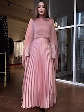 billiga Rosa-A-Linjig Quinceanera Klänningar Elegant Klänning Bröllop Bröllopsgäst Golvlängd Långa Ärmar Hög Nacke Chiffong med Fållning