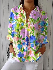 economico Top Floreali-Camicia da donna in lino, camicetta, floreale, grafica, elegante, casual, a maniche lunghe, colletto, normale, top, quotidiano, vacanza, uscite, bottoni, blu cielo, azzurro, viola, verde, estate,
