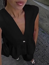 abordables Ensembles chemisiers pour femmes-Femmes Actif Mode Ensembles en coton et lin Chemisier Gilet Sans manches Col en V Couleur Unie Dubbele Rij Knopen Date Décontracté Quotidien Noir Rose Claire Bleu clair Été Coupe régulière