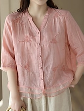 cheap Shirts-Women&#039;s Shirt Solid Color Basic Casual 3/4 Length Sleeve Shirt Collar Regular Tops Daily Mesh Patchwork Buttons White Yellow Pink Purple Summer