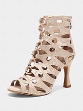 billige Sko til latindans-beige rhinestone latinske dansehæler med snøring for kvinner – pustende mesh peep toe performance sko for ballsaltrening