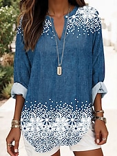 economico Top Floreali-Blusa da donna tunica V collo manica lunga boho casual top stampa 3D grafica floreale vintage stilosa top regolari quotidiani da vacanza stampa blu denim blu viola