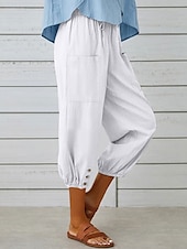 cheap Plain Cotton Linen Pant-Women&#039;s Capri Pants Solid Color Chinos Fashion Ethnic Style Basic Calf-Length High Waist Plain Pocket Drawstring Comfort Outdoor Micro-elastic Vacation Street Daily Black White Khaki Light Blue