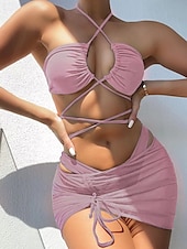 olcso 3 részes bikini szett-Női Fürdőruha Bikini Három darab Fürdőruha Kivágott Tropikus Strandruházat Sima Kötőfék nyaka Ujjatlan Fürdőruhák