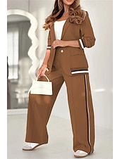 ieftine Blazere și costume-Seturi elegante de modă pentru femei pantaloni de stradă costume de blazer cămașă cu mânecă lungă guler dungi exterior lucru negru alb maro vară regular fit