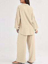 billiga Uppsättningar-Dam Mode Streetwear Skjorta Tvådelade set Byxuppsättningar Långärmad Tröjkrage Ensfärgat Snörning Dagliga kläder Datum Svart Vin Armégrön Vår Normal