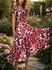 abordables Art &amp; Design Robes-Femmes Robe maxi Robe Décontractée Robe trapèze Robe d&#039;été Vacances ancien Ethnique Coupe régulière Graphique Léopard Géométrique Manche Courte Col carré Rose Claire Été Printemps