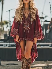 ieftine Rochii Boho-Pentru femei Rochii Midi Rochie Boho Epocă Clasic Vacanță Zilnic Concediu Fit regulat Floare Manșon Lung În V Roșu-aprins Vară