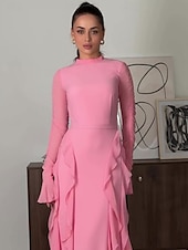 voordelige Roze-A-Lijn Roze Elegante Jurk Bruiloft Bruiloft Gast Vloerlengte Lange Mouw Hoge Hals Chiffon Met Ruffles