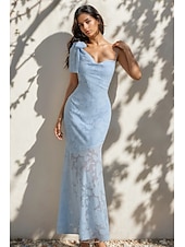 baratos AZUL-Vestido de noite estilo celebridade, sereia/trompete azul, renda floral queimada, comprimento até o chão, sem mangas, decote coração com laço(s), 2025