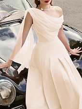 abordables Robes de cocktail-Robe de plage A-Line Robes cocktail Élégante Robe Invité de mariage Longueur thé Sans manches Col chauve-souris Tissu extensible avec volants Robes