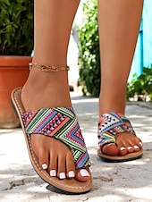 cheap Vacation Sandals-Women&#039;s Bohemian Tribal Print Toe Ring Sandals – Lightweight Slip-On Flats for Summer Travel, Beach Holidays, and Casual Outings