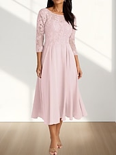 abordables Longueur du thé-Robe Mère de la Mariée A-Line Invité de Mariage Élégante Col Arrondi Longueur Thé Chiffon Manches 3/4 avec Plis Appliques Robe Midi 2025