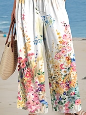 preiswerte weites Bein und hohe Taille-Damen Weitbeinige Chinos Baggy-Hosen Urlaub Mode Lässig Voll Länge Hohe Taille Blumengrafikdruck Thermisch Warm Atmungsaktiv Weich Mikro-elastisch Urlaub Lässig täglich Weiß Sommer Frühling