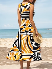preiswerte Streifen- und geometrische Kleider-Damen Midikleid Freizeitkleid Sommerkleid A Linie Kleid Schulterfreies Kleid Urlaub Lässig Normale Passform Grafik Geometrisch Abstrakt Ärmellos U-Ausschnitt Rundausschnitt Gelb Blau Grün Sommer