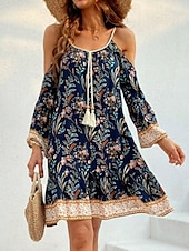 economico Abiti Boho-Per donna Mini Abito Abito a trapezio Abito Sottoveste Abito a spalle scoperte Casual All&#039;aperto Uscire Spiaggia Vestibilità comoda Floreale Grafico Manica Lunga Spalline sottili Blu marino Verde