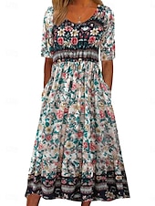 halpa Boho-mekot-Naisten Midimekko A linjainen mekko Fit And Flare Mekko Loma Vapaa-aika Boheemi ulko- Bile Normaali Kukka Kuvitettu Puolihiha Pyöreäkauluksinen Syvä vihreä Laivaston sininen Fuksia Apila Kesä