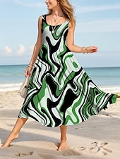 cheap Stripe&amp;Geometric Dress-Women&#039;s Midi Dress Casual Dress Sundress A Line Dress Off The Shoulder Dress Vacation Casual Regular Fit Graphic Geometric Sleeveless U Neck Scoop Neck Blue Purple Green Khaki Summer Spring