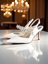 economico cocktail-scarpe col tacco da donna in raso bianco con cinturino posteriore e decorazioni in strass – eleganti scarpe a punta per matrimoni e occasioni formali