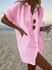 cheap Shirts-Women&#039;s Shirt Boho Shirt Linen-Inspired Shirts Button Up Plain Casual Beach Short Sleeve Shirt Collar Regular Tops Black White Yellow Pink Sky Blue Summer
