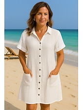 cheap Plain Dress-Women's Mini Dress Shirt Dress Winter Dress Casual Vacation Regular Fit Plain Short Sleeve V Neck Blue Black White Yellow Summer