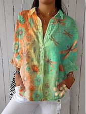 economico Top Floreali-Camicia da donna in lino, camicetta, floreale, grafica, elegante, casual, a maniche lunghe, colletto, normale, top, quotidiano, vacanza, uscite, bottoni, blu cielo, azzurro, viola, verde, estate,