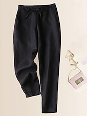 baratos Calça de linho de algodão simples-Mulheres Calças de linho de algodão Calças Calças Harem Casual Comprimento total Natural Tecido Bolsos Design de cordão elástico Exterior Confortável Rua Roupa Diária Adamascado Preto Branco Rosa