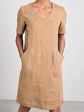 abordables concevoir des robes en coton et lin-Femmes Mini Robe Robe d&#039;été Occasionnel Quotidien Uni Manche Courte Col en V Noir Jaune Bleu Vert Été