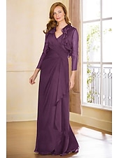 abordables Avec veste-Deux Pièces Ligne A Robe de Mère de Mariée  Élégant Col en V Longueur au sol Chiffon manche longue Echarpe incluse avec Volants Niveaux Couleur Unie 2025