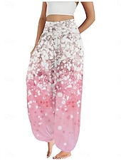 billiga Grafisk linnebyxa i bomull-Dam Linneinspirerade byxor Brett skaft Byxor Etnisk Stil Ledigt Boho Fullängd Hög midja Blommig Ficka Elastisk midja Tryck Mateial som andas Mjuk Microelastisk Utomhus Yoga Svart Rosa Marinblå Blå