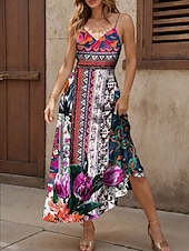 billiga Boho klänningar-Dam Maxiklänning Solklänning A linjeklänning Slipklänning Ledigt Strand Normal Blommig Grafisk Geometrisk Ärmlös V-hals Smala axelband Rodnande Rosa Purpur Grön Sommar Vår